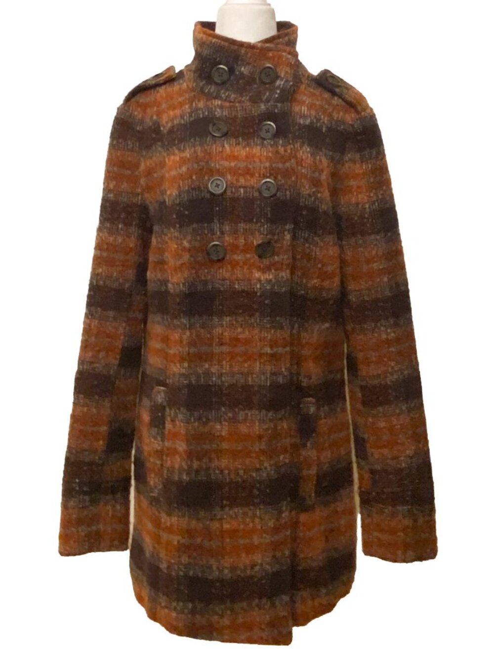 JACK Women's Double-Breasted Orange, Black Plaid Fall Pea Coat Sz L Preppy